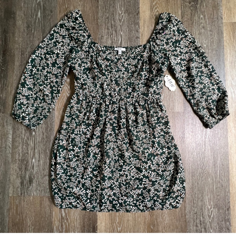 A.U.W. Mini Dress Womens Large Green Floral Smocked Back Square Neck Long Sleeve